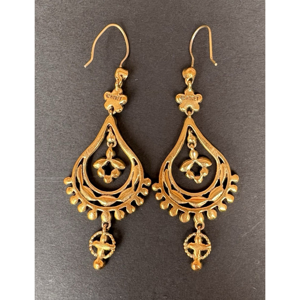 Vintage Monet Chandelier Dangle Earrings Brown Gold Tone Crystals - Picture 4 of 6